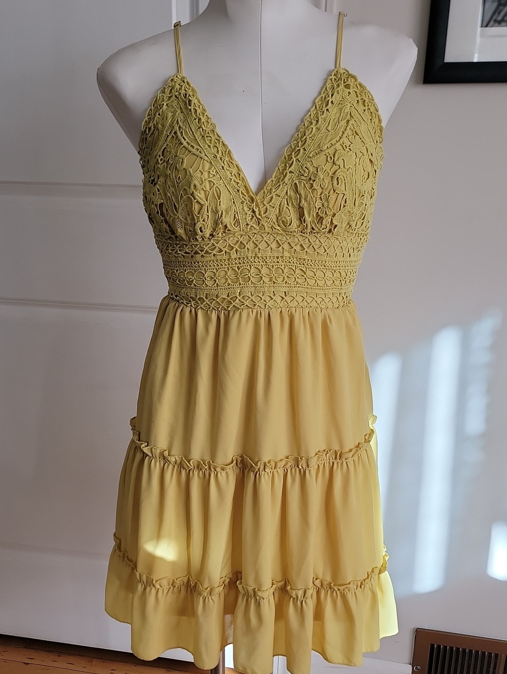 Yellow Crochet Lace Open Tie Back Tiered Mini Sundress S